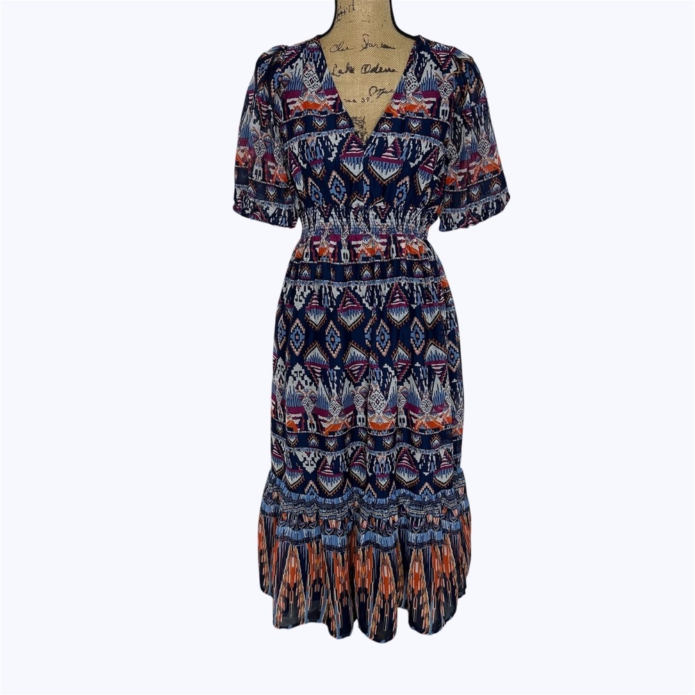 Old Navy Midi Dress Blue Chiffon Smocked‎ Pockets Tribal Aztec Southwest Sz S